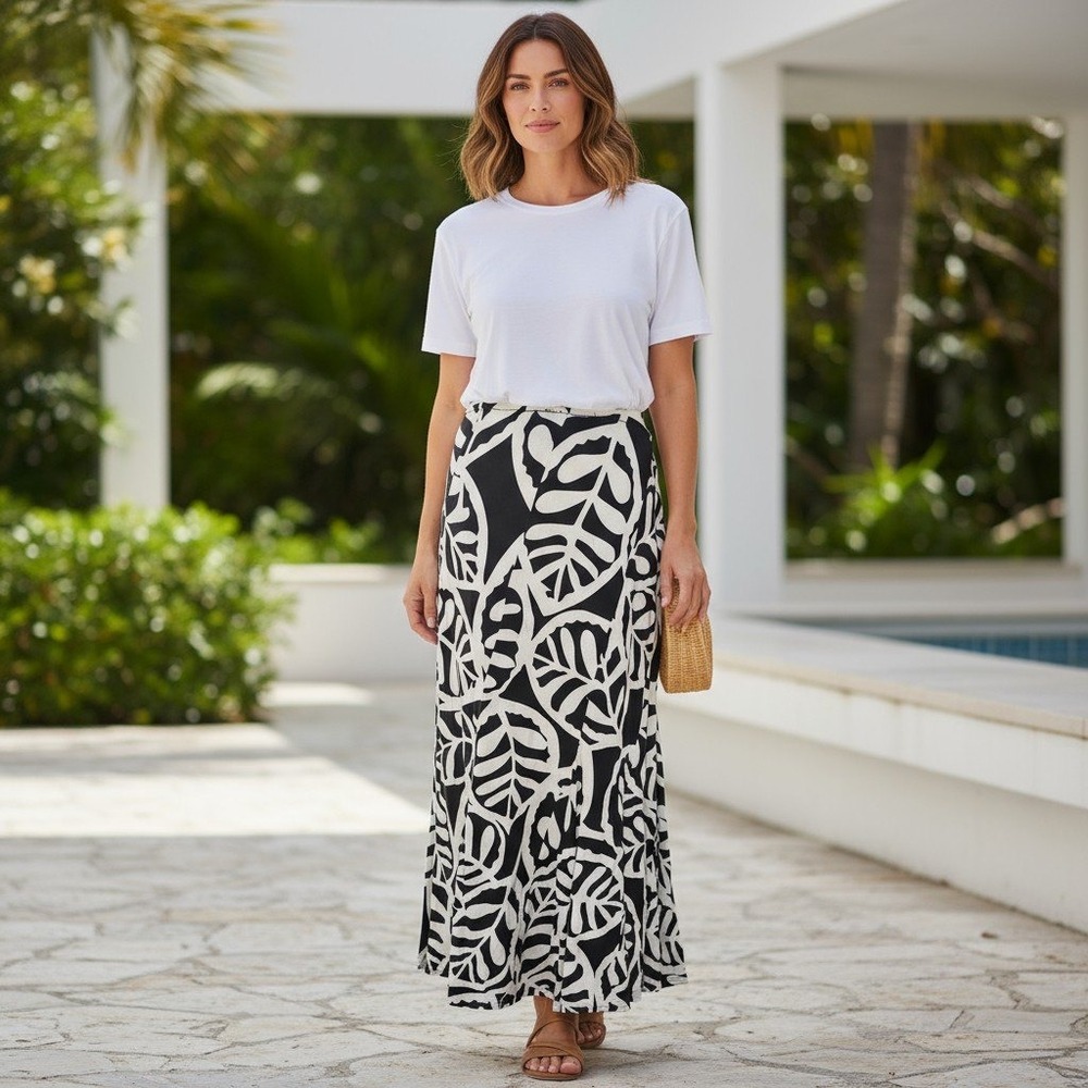 Tribal Monochrome Leaf A-Line Skirt